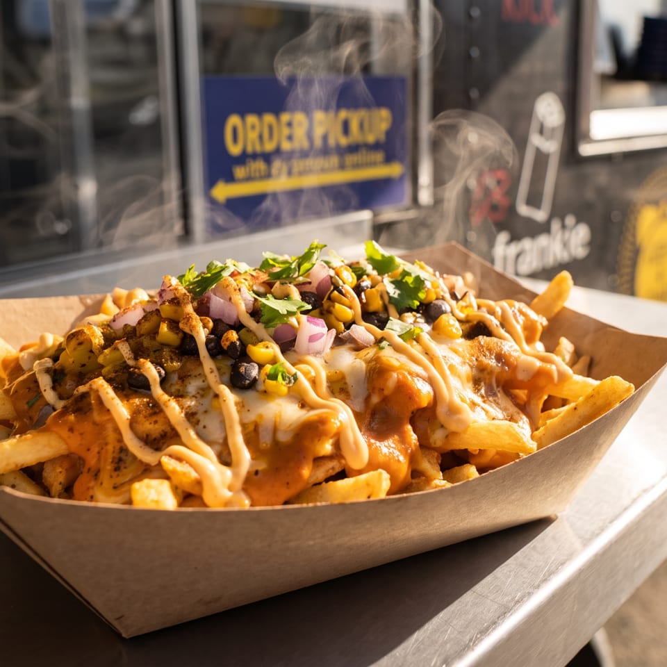 Loaded fries topped with grilled chicken, melted cheese, corn, black beans, onions, cilantro, and sauces at a food truck.
