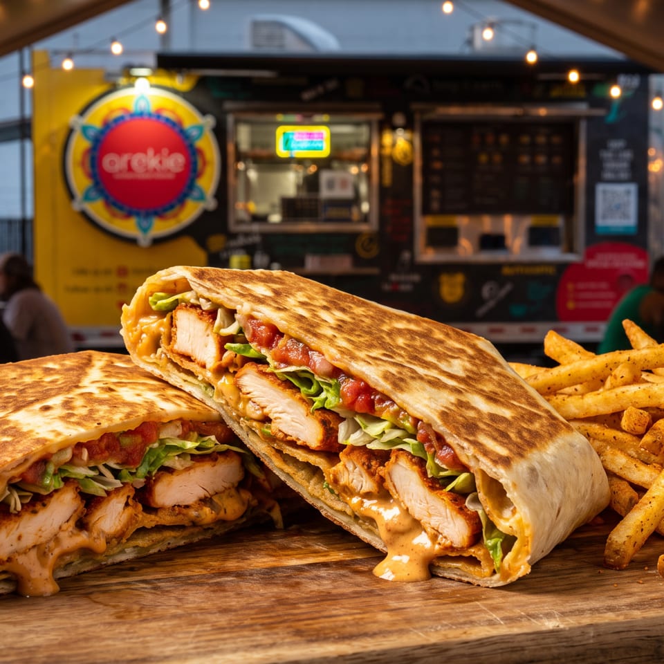 Grilled chicken wraps with lettuce, tomatoes, and creamy sauce served alongside seasoned fries on a wooden board at a street-food stall.