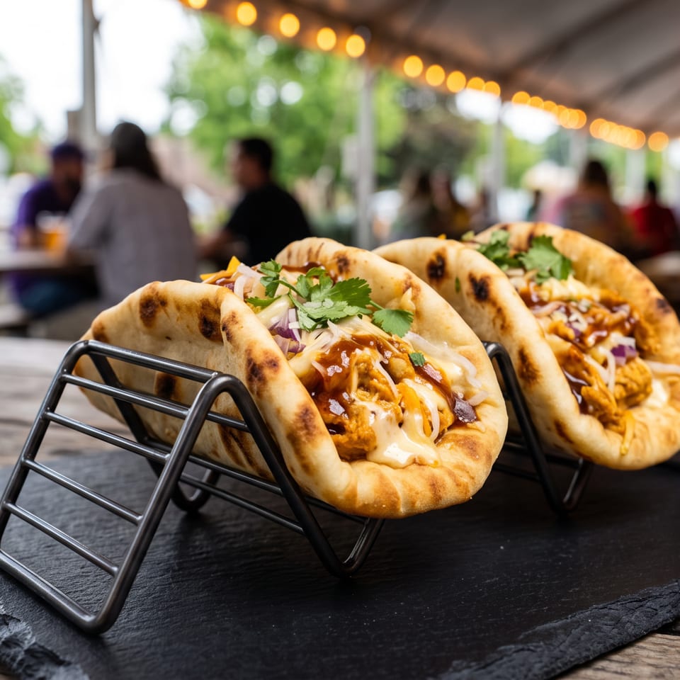 Three stuffed flatbreads topped with grilled meat, onions, sauce, and cilantro, served on a slate board in a warmly lit patio restaurant.