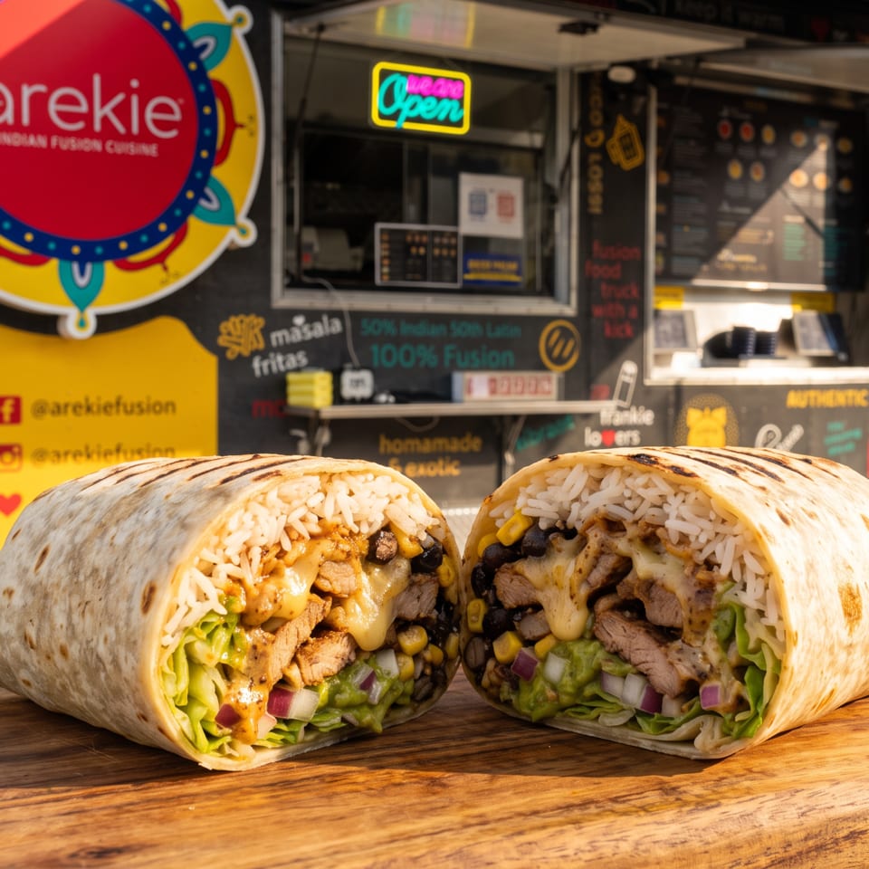 Two loaded chicken burritos with rice, beans, corn, lettuce, and sauce sit on a wooden board outside Arekie Indian fusion restaurant.